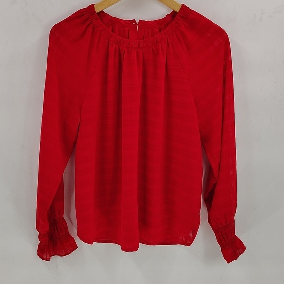 LOFT Tops - LOFT Smocked Cuff Blouse Red Size Small Lined Stretch Collar Peasant Top